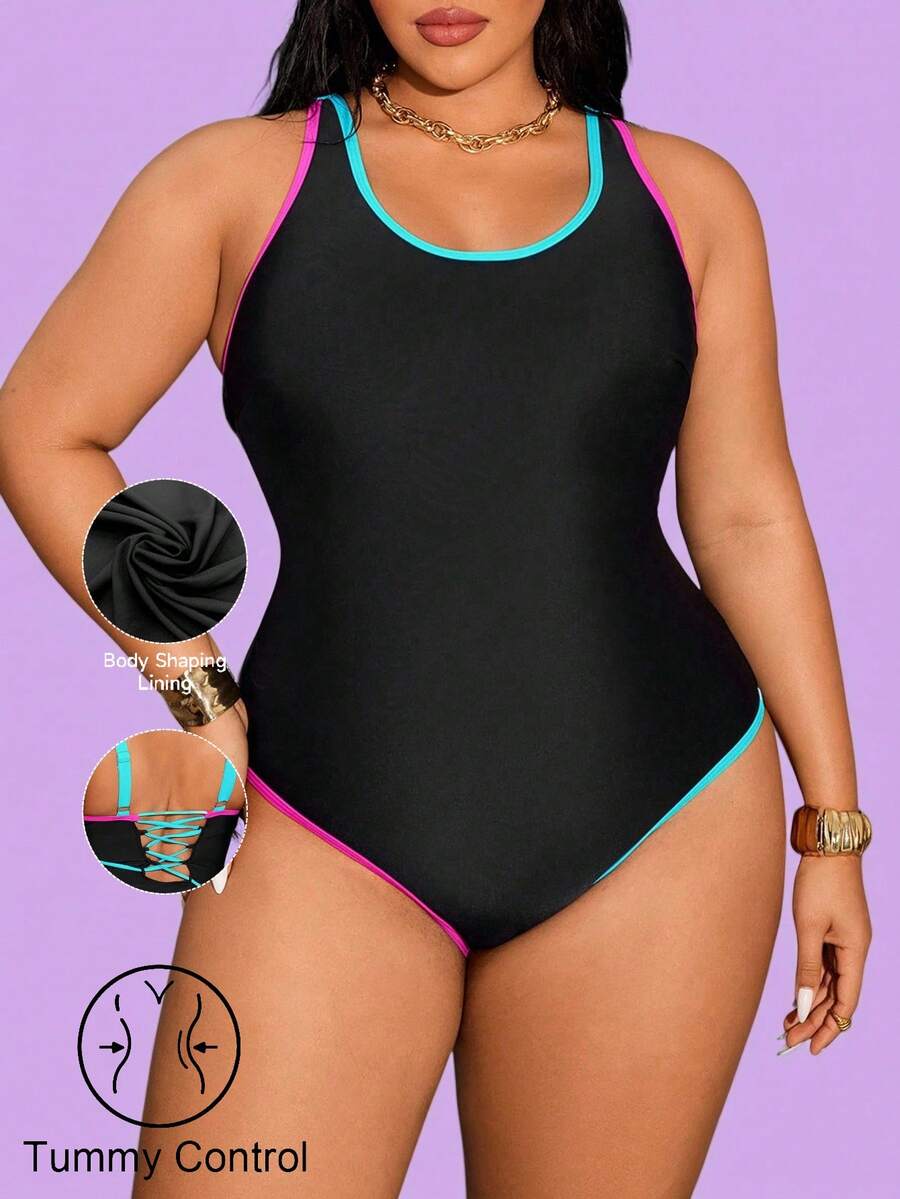 Shapewave Áo tắm một mảnh gợi cảm dành cho nữ cỡ lớn, màu trơn, chất liệu vải dệt kim, dây mảnh, hở lưng, dây chéo. - màu đen - Xem 1