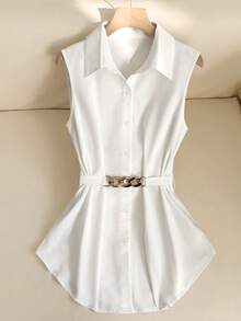 GlowEve Spring/Summer New Casual Chic Commuter High-End Elegant Minimalist Fitted Metal Waist Belt Tie Collar Button Curved Hem Sleeveless Women Blouse - White - View 3
