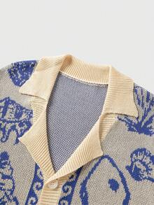 ROMWE MEN 男士休闲度假风贝壳海星图案翻领短袖针织衫，夏季 - 藍色 - 查看 3