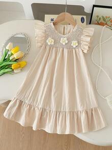 SHEIN Vintaside Kids 女童优雅甜美可爱贴花圆领短袖荷叶边下摆宽松休闲时尚连衣裙，适合度假、旅行、生日礼物、夏季穿着 - 杏色 - 查看 3