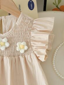 SHEIN Vintaside Kids 女童优雅甜美可爱贴花圆领短袖荷叶边下摆宽松休闲时尚连衣裙，适合度假、旅行、生日礼物、夏季穿着 - 杏色 - 查看 5