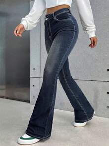 SHEIN Tall Women's Casual Washed Asymmetric Waist Flare Leg Jeans - Dark Wash - View 4