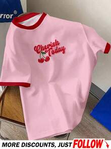 Manfinity Joysei Áo thun nam cổ tròn tay ngắn in chữ Cherry mùa hè thường ngày - Hồng - Xem 6