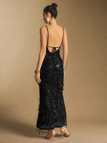 Poéselle 女士时尚亮片露背吊带连衣裙，适合派对穿着 - 黑色 - 查看 2