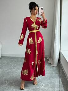 Elenzga 女士优雅时尚通勤休闲舒适迷人复古浪漫假日度假长袖V领收腰A字下摆金色花卉饰边花卉箔印连衣裙 - 紅色 - 查看 3