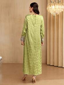 Al Najma Geometric Neckline Beaded Striped Lace-Up Floral Jacquard Green Dress Modest Full Length Jalabiya For Evening Party - Green - View 7