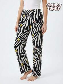 LOONEY TUNES X Joivida 1pc Women's Flannel Pajama Bottoms (Reversible Style), Featuring The Cute Tweety Pattern And Leopard Print Design, Lightweight, Soft, Warm And Machine Washable. - Black and White - View 1
