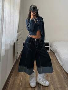 StreetHx 休闲街头风纽扣牛仔长袖上衣 - 中等水洗藍 - 查看 3