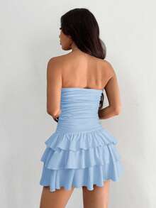 SHEIN EZwear 女士天蓝色荷叶边抹胸迷你连衣裙 - 藍色 - 查看 2