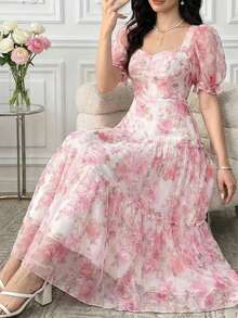 SHEIN 少女碎花雪纺泡泡袖优雅连衣裙 - 粉色 - 查看 1