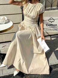 Siren Gaze Spring & Summer Outfit Women Valentine's Day/Day/Romantic/Business Casual Woman/Elegant/Casual/Vintage/Festival/Country Concert Outfit/Brunch Outfits/Homecoming/Easter/Guest Outfit/Tea Party Outfit/Basic/Prom/Wedding/Formal/Western/Cocktail/Vintage/Club/Birthday Outfit/Cute/Spring Break/Bachelorette/Classy/Old Money Style/Work Clothes/Going Out/Vacation/Office Outfits/Airport Outfits/2000s Style/Streetwear/Basic/100% Cotton/Women's Solid Color Round Neck Short Sleeve Ruched Waist Dress, Summer Holiday Resort