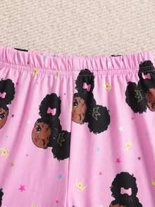 SHEIN 少女卡通印花修身短袖长裤两件套休闲针织睡衣套装 - 粉色 - 查看 5