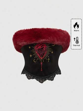 Goth Canotta da donna taglie forti con colletto in finta pelliccia, decorazione a ricamo a forma di cuore e bordo in pizzo