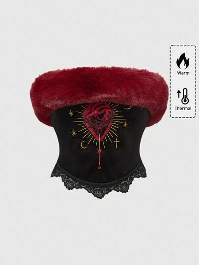 Damen Große Größen Gothic Herz Stickerei Kunstpelz Kragen Spitzenbesatz Trägerhemd