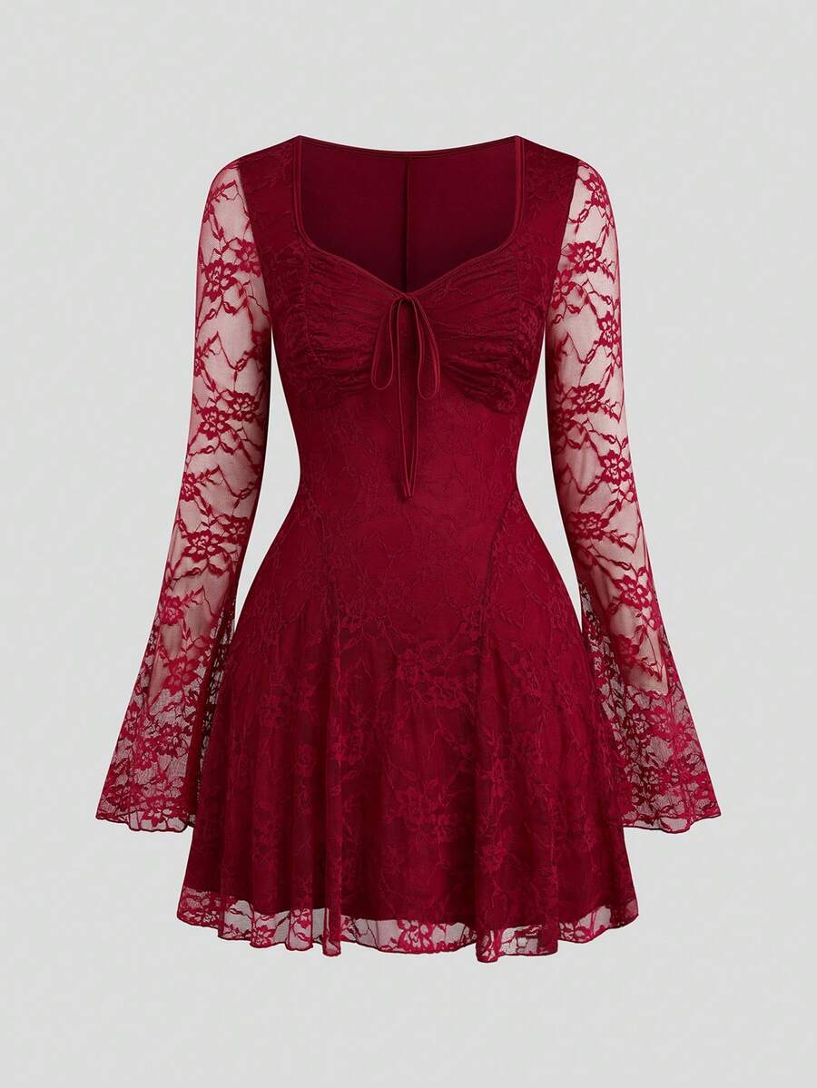 Sweetra 大码女式复古浪漫度假风 Y2K 性感方领荷叶边喇叭袖百搭通勤酒红色连衣裙，长袖连衣裙，常规办公款，修身连衣裙，适合日常外出、返校季、春夏派对/爱心/唇色/红色/情人节、春夏中国风/新年/除夕/旗袍 - 酒紅色 - 查看 1