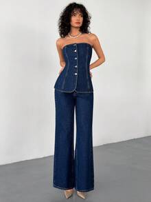 EURMUSE Women's Single-Breasted Denim Bustier Top And Denim Flare Pants Fashion Set - Medium Wash - View 6