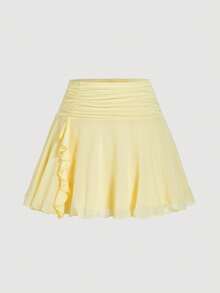 SHEIN MOD Bộ đồ 2 món thời trang màu vàng dành cho nữ cỡ lớn: Áo tay ngắn buộc dây phía trước và chân váy ngắn. - Màu vàng - Xem 8
