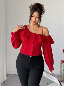 Elenzga Chic Red Plus Size Cold Shoulder Ruffle Top With Asymmetrical Neck And Long Sleeves Fall - Red - View 3
