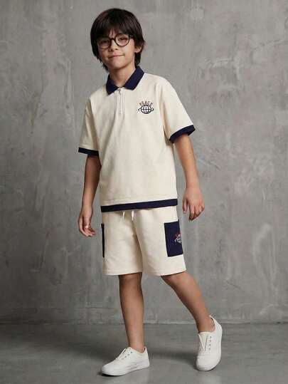 Casuvi Kids 2pcs/Set Casual Sports American College Style Teenager Boys' Outfit, Includes: Loose Fit Drop Shoulder Polo Shirt With Peace Earth Graphic, And Cargo Shorts With Graphic Pocket, Suitable For Sports, Weekends, Campus Life Boys 2 Piece Set Tween Boy Clothes Short Set Boys Casual Contrast Short Set