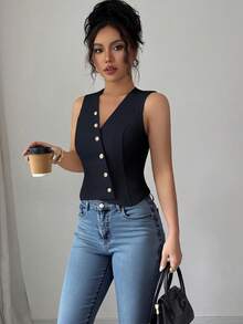 Elenzga Áo tank top nữ dáng ôm, tối giản, màu trơn, cổ chữ V xẻ sâu, cài cúc phía trước, thích hợp mặc hàng ngày đi làm; Áo tank top mùa hè cổ chữ V sâu, áo công sở, áo nữ thanh lịch, áo không tay, áo cài cúc phía trước, áo dáng ôm. - Màu xanh hải quân - Xem 6
