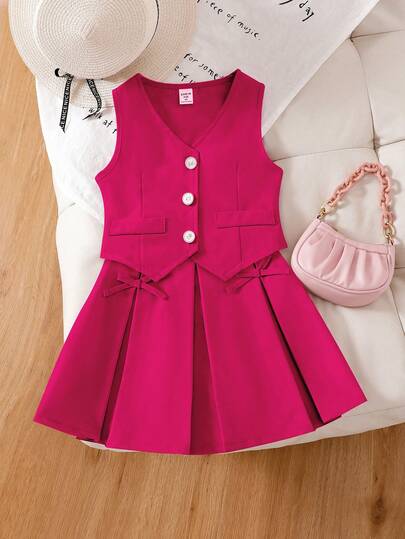 Elladie kids Vintage Blazer Vest And Pleated Skirt Casual Suit Set For Young Girls Bow Dress For Girls Girls Sleeveless Aline Casual Dress Dark Pink Dress For Girls Autumn And Winter Young Girls Dressse Hot Pink Dress For Kids