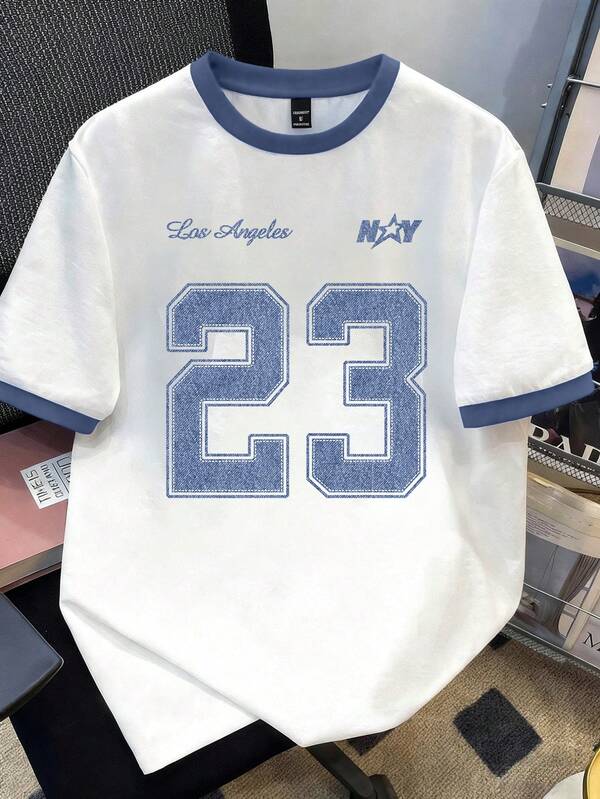 Manfinity Joysei Men's Fashion Casual 23 Letter Print Contrast Color Patchwork T-Shirt