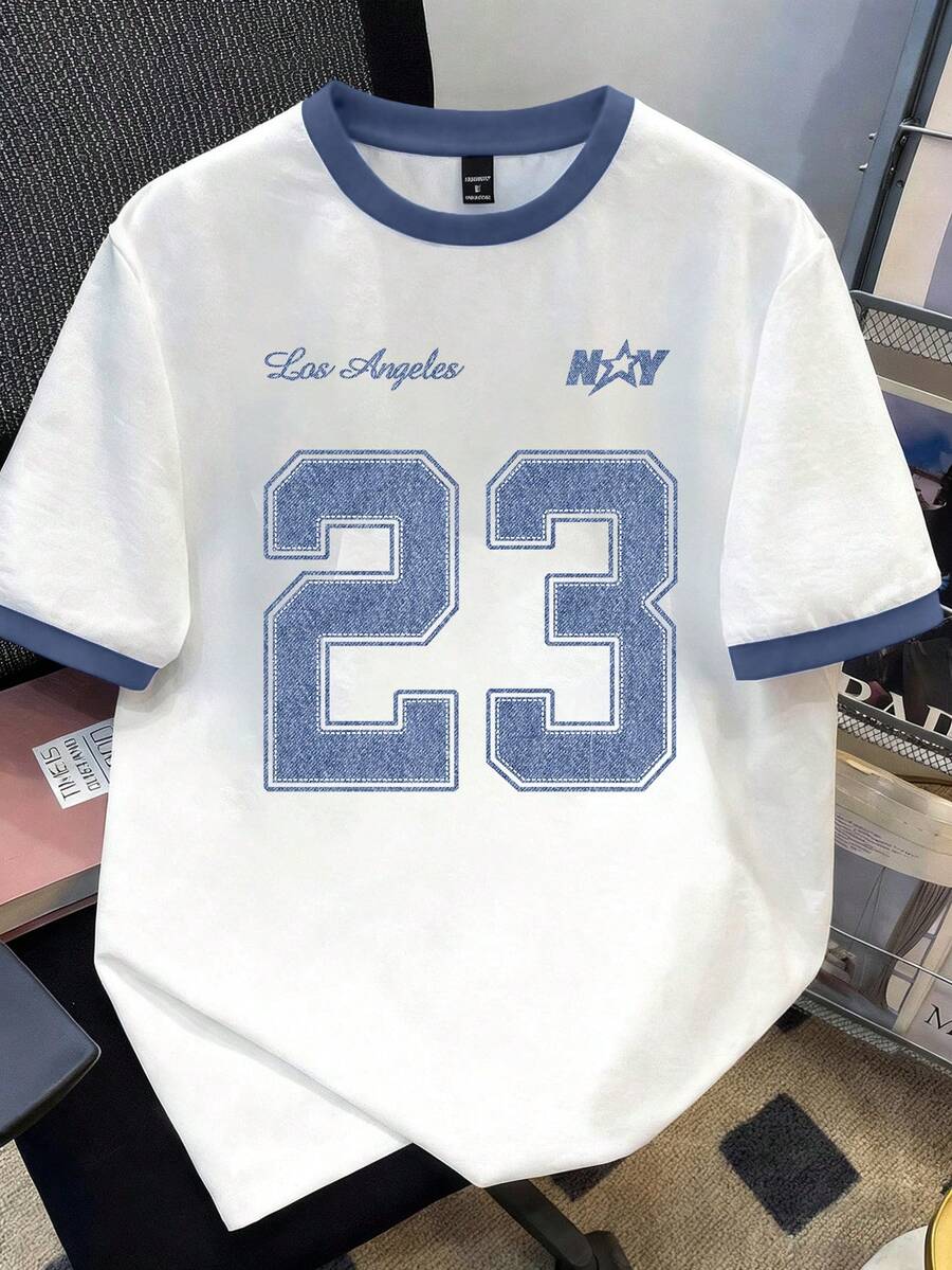 Manfinity Joysei 男士时尚休闲23字母印花撞色拼接T恤 - 白色 - 查看 1