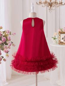 SHEIN Young Girl Woven Solid Color Mesh Ruffle Hem Casual Sleeveless Dress,Kids - Apricot - View 8