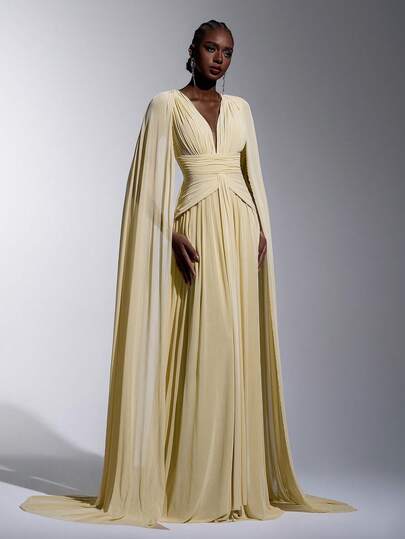 Elitara Elegant, Romantic, Fashionable, Retro Khaki Elastic Mesh Fabric Deep V-Neck Ruffle Capelet A-Line Formal Party Dress, Wedding Guest Dress, Bachelorette Party Dress, Formal Dinner Gown