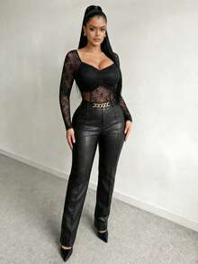 SHEIN SXY 加大码黑色蕾丝长袖性感连体衣 - 黑色 - 查看 5