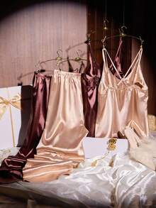 SHEIN 2pcs Set: Criss-Cross Back Spaghetti Strap Faux Silk Camisole Top And Long Pants Pajama Set - Multicolor - View 5