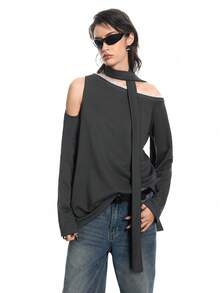 Airlisse Women's Fashionable Lace Asymmetric Tie-Up Loose Shoulder Contrast Color Long Sleeve Sweatshirt, Spring/Summer Y2K - Grey - View 1