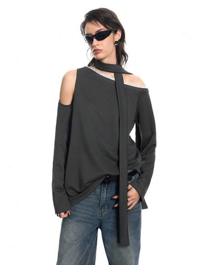 Airlisse Women's Fashionable Lace Asymmetric Tie-Up Loose Shoulder Contrast Color Long Sleeve Sweatshirt, Spring/Summer