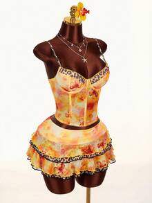 Amplova 2026 Early Spring Floral & Leopard Print Low-Cut Blouse, Low-Waist A-Line Skirt, Women's 2-Piece Set - Multicolor - View 7