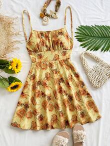 Soleia Women's Vacation Red Polka Dot Print Backless Spaghetti Strap A-Line Mini Dress, Suitable For Layering In Autumn/Winter, Party, Christmas - Yellow - View 3