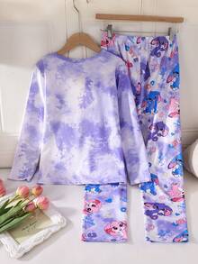 Conjunto de pijama morado nuevo con camiseta de manga larga de cuello redondo y pantalones holgados para niñas, con estampado lindo de conejo, efecto tie-dye en tela de punto de seda de leche, material suave y adorable - Morado - Ver 2