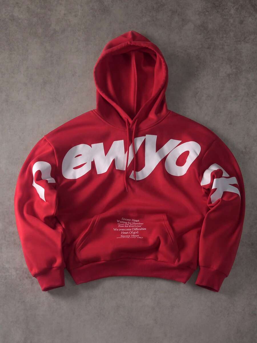 STYNVO Men's Slogan Print Drawstring Hooded Casual Sweatshirt Heavyweight Hoodie Streetwear Hoodie Red Hoodie Oversized Hoodie Oversize Hoodie Boxing Sumwon - Red - View 1