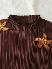 INAWLY Dark Brown,Autumn,Elegant,Dinner Date Caramel Starfish Embroidered Stand Collar Long Sleeve Waist Cinched Dress,Pleated Textured Vintage Style - Khaki - View 7