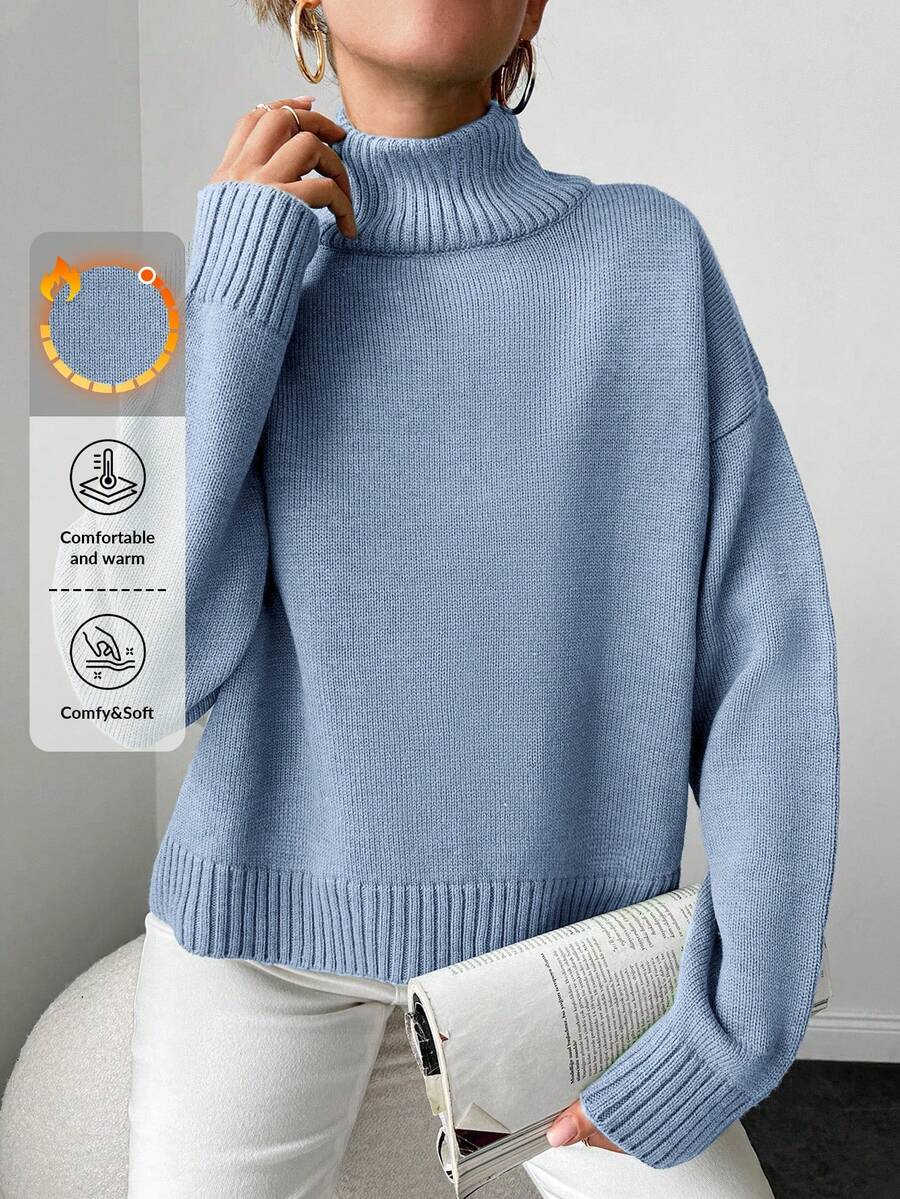 EURMUSE Women's Casual Solid Color Turtleneck Sweater, Fall/Winter - Baby Blue - View 1