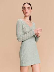 lacRébo Sage Green Crochet And Rib Knit Long Sleeve V Neck Mini Dress Spring Summer Spring Summer Valentines Day - Green - View 4