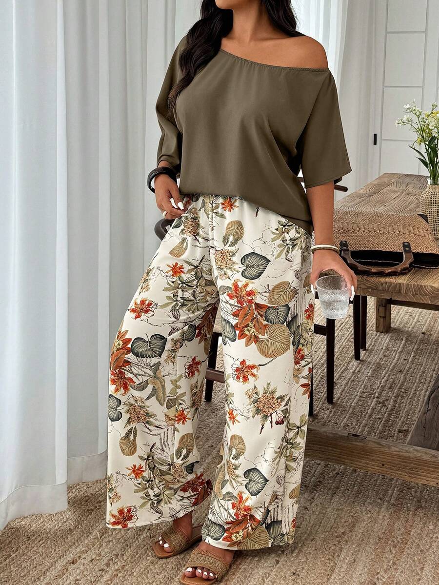Weeklong Plus Size 2-Piece Set: Solid Color Asymmetrical Shoulder Top & Random Print Casual Pants, Vacation Style Fall - Multicolor - View 1