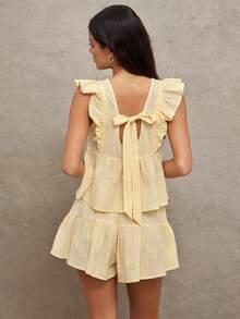 WESTFADE 100% 条纹刺绣棉质方领纽扣前襟荷叶边袖蝴蝶结后背褶裥上衣和抽绳腰带层叠短裤女士两件套 - 黃色 - 查看 6