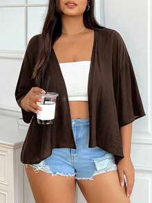 SHEIN EZwear 夏季短款轻薄纹理大码短外套，适合秋冬季穿着 - 棕色 - 查看 3