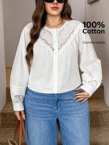 SHEIN LUNE 大码春季休闲女装夏季度假白色圆领优雅蕾丝刺绣长袖端庄上衣 Id AI-Adha Glamorous - 白色 - 查看 6