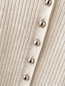 SHEIN Franclia New Summer Casual Loose Versatile Simple Daily Casual High-End Design Gentle Polo Shirt, Commuting Workplace Metal Button Office High-End Personalized Conservative Slim Fit Lady Neutral Minimalist Cardigan For Women Ribbed Shirt Preppy Tops Button Up Top Cream Blouse Tops Cute - Apricot - View 7