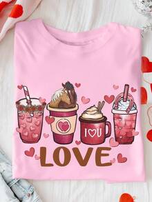 EMERY ROSE 甜美女孩风格心形饮料杯，适合小马宝莉爱好者，印花休闲加大码T恤 - 淺粉色 - 查看 3