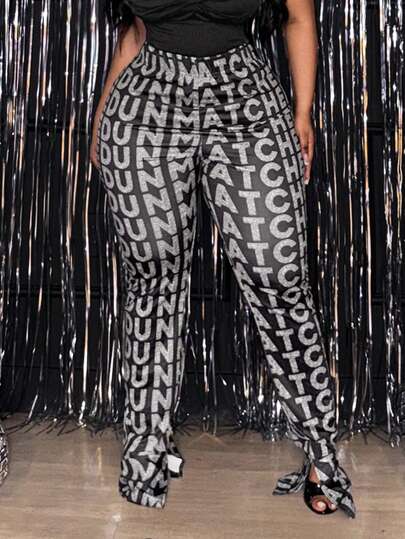 Slaydiva 2025新款夏季字母印花弹力腰开衩喇叭裤，大码