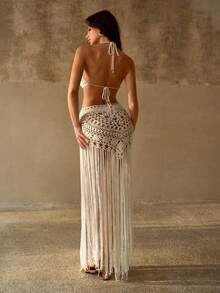 PREMIUM HANDMADE CROCHET ROMANTIC HALTER NECK TOP & TEXTURE TASSEL SKIRT BOHEMIAN RESORT KNIT COVER-UP SET - Beige - View 2