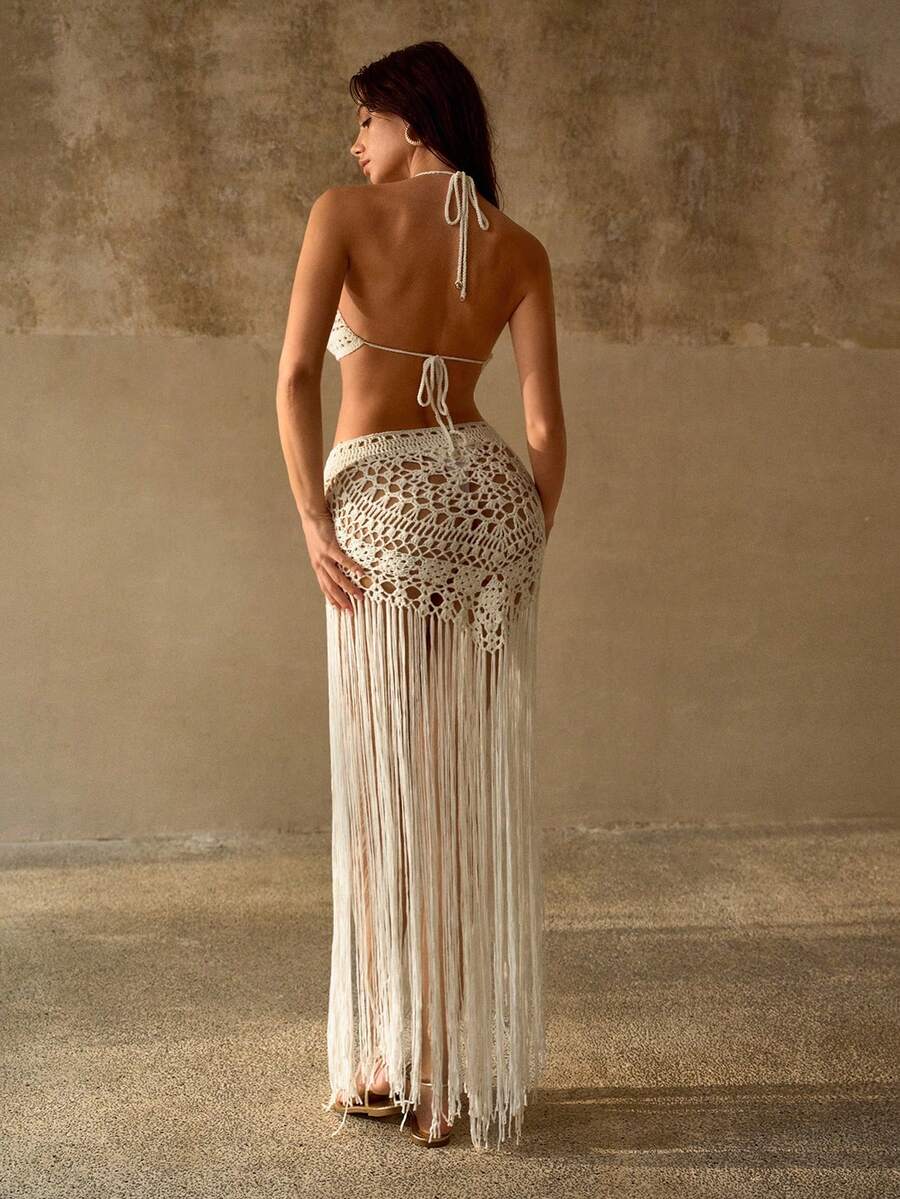 PREMIUM HANDMADE CROCHET ROMANTIC HALTER NECK TOP & TEXTURE TASSEL SKIRT BOHEMIAN RESORT KNIT COVER-UP SET - Beige - View 2