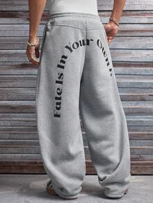 AXEPEAK Men's Letter Print Elastic Waist Casual Loose Sweatpants - Light Grey - View 4